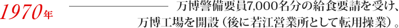 万博警備要員7,000名分の給食要請を受け、万博工場を開設（後に若江営業所として転用操業）。