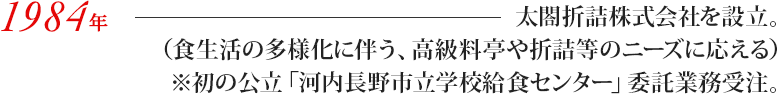 太閤折詰株式会社を設立。（食生活の多様化に伴う、高級料亭や折詰等のニーズに応える）※初の公立「河内長野市立学校給食センター」委託業務受注。